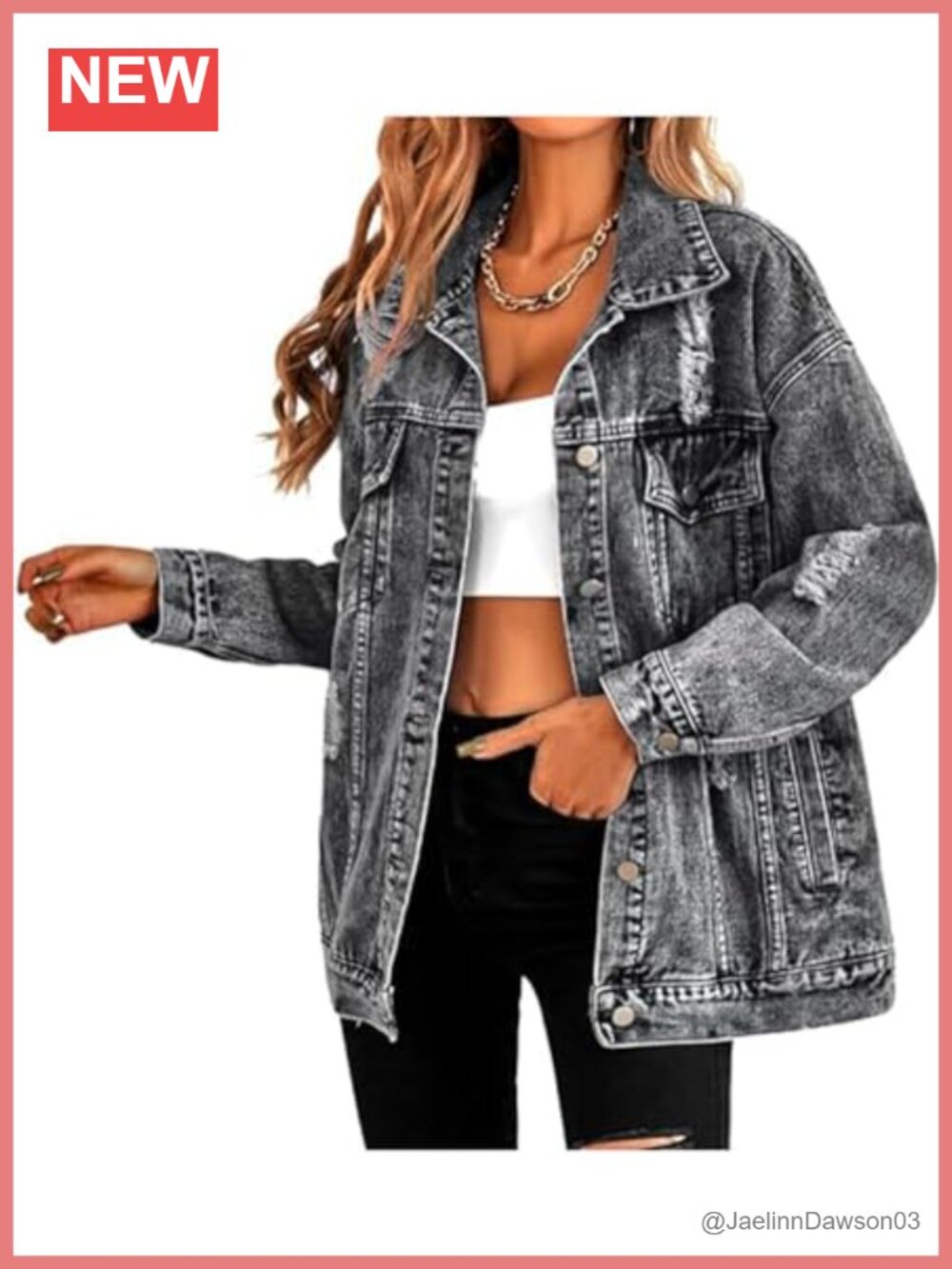 Oversized Distressed Denim Jacket Boyfriend Fit Ripped Jean Coat with Pockets